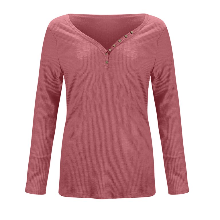 EHTMSAK Long Sleeve Shirts for Women Clearance Deep V Neck Knit Ribbed  Tight Slim Fitted Henly Solid Low Cut Womens Fashion Tops Petite Pink2 M 