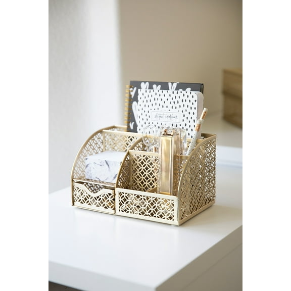 Riviera Designer Metal Desk Organizer with Drawer - Gold