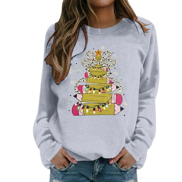 VJATTWR Mes Articles Chandail en Molleton de Noël pour Femmes Imprimé Col Rond Manches Longues Chandail Sans Capuche Chandail en Molleton Confortable Mode Haut pour Vacances Tenue Décontractée et Activités Athlétiques Get it Fast
