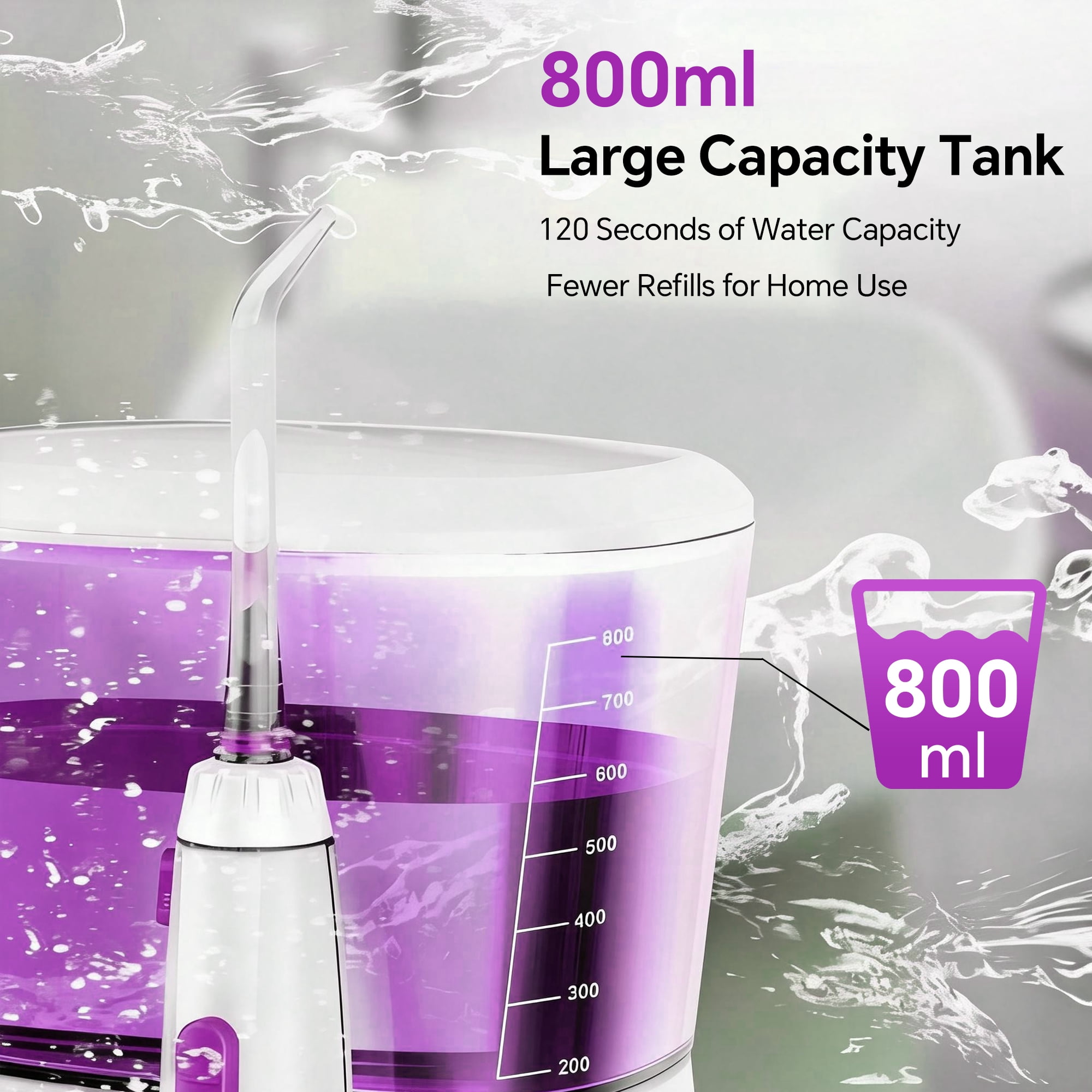 GENKENT Water Flosser for Teeth Cleaning, 800ml Large Tank Oral Irrigator for Home Use, 10 Pressure Modes with 5 Jet Tips, Purple