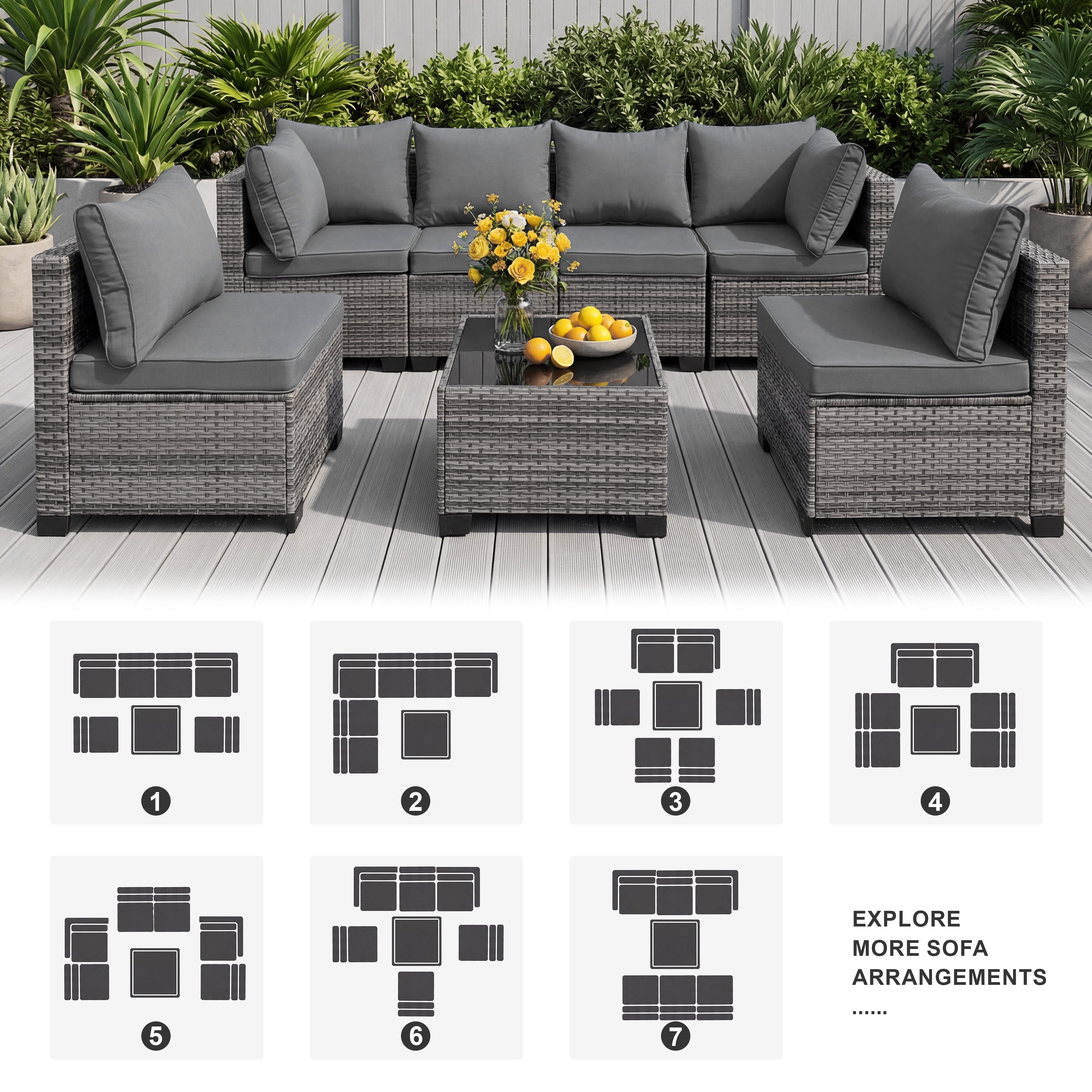 MOLIBYME 7 Pcs Outdoor Patio Furniture Set, Modular Outdoor Sectional Wicker Conversation Set, Rattan Sofa Set with Glass Table and Washable Cushion Covers, Gray