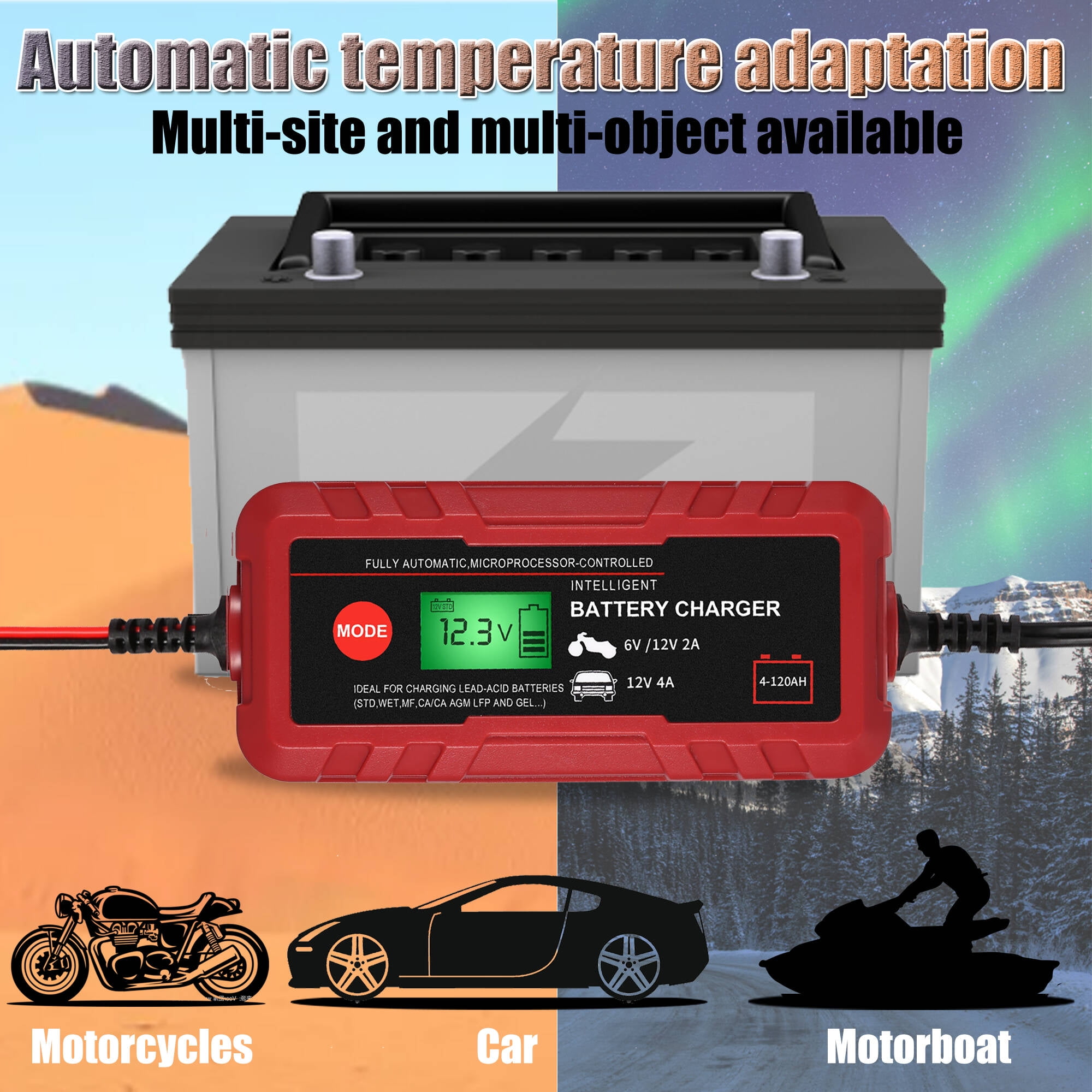 70W Fully Automatic Battery Charger, 6V/12V Lead-Acid Auto Batterys  Charger/Maintainer with LCD Digital Display/IP65 Protection for Car,  Motorcycle