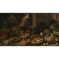 thumbnail image 2 of Floris Van Schooten 24x15 Black Ornate Framed Double Matted Museum Art Print Titled: Still Life with Fruit and Vegetables, with Christ at Emmaus in the Background (C. 1630), 2 of 5