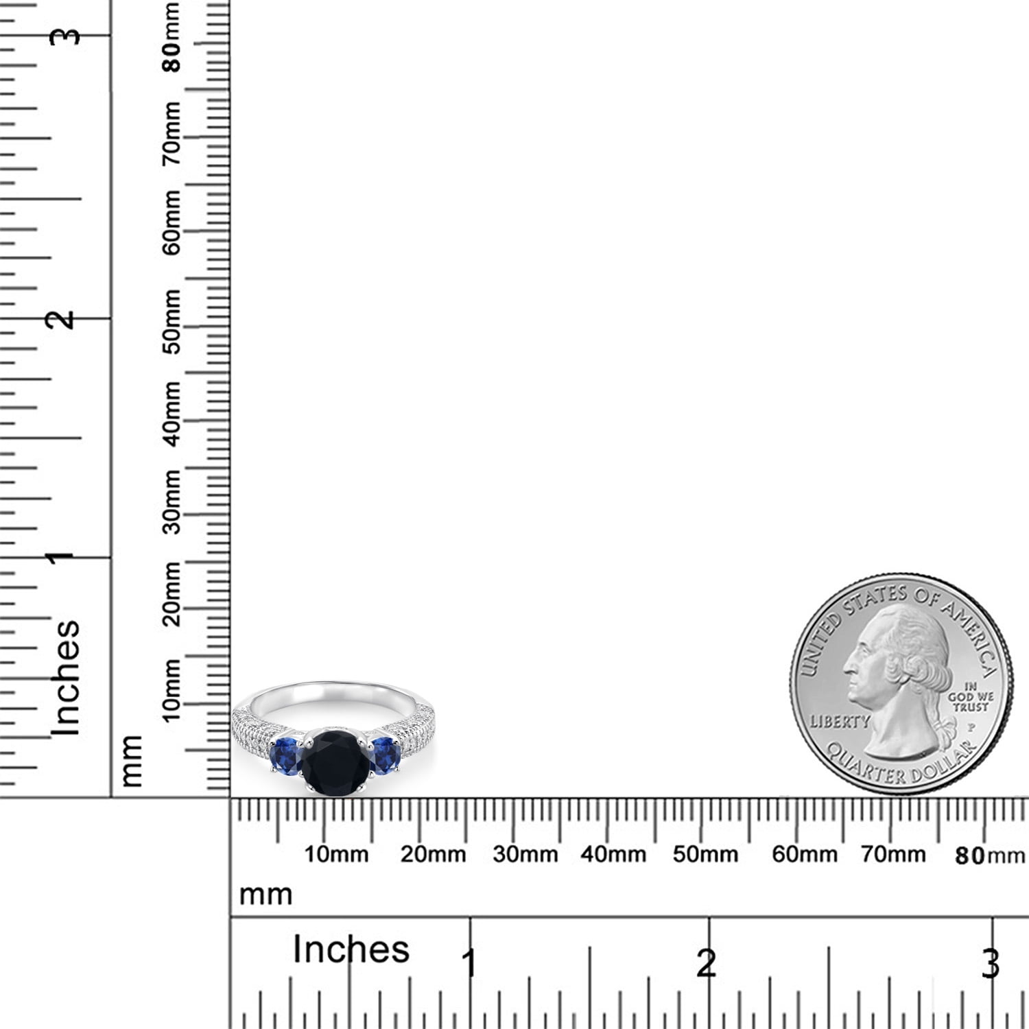 Gem Stone King 925 Sterling Silver Black Onyx Blue Created Sapphire and White Moissanite Engagement Ring for Women (1.86 Cttw, Gemstone December Birthstone, Round 7MM and 4MM, Size 8)