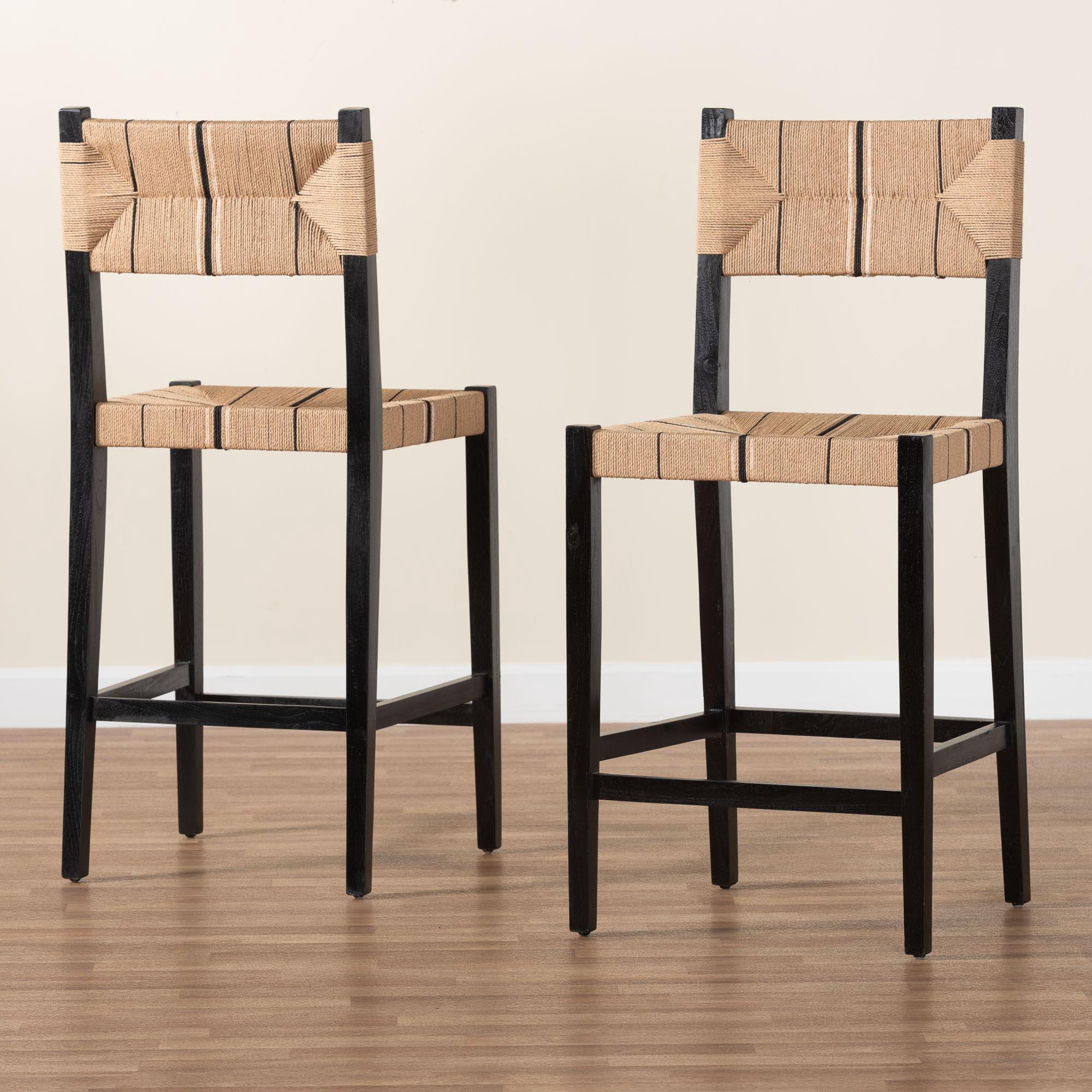 bali & pari Prita Bohemian Paper Loom and Black Mahogany Wood 2-Piece Bar Stool Set