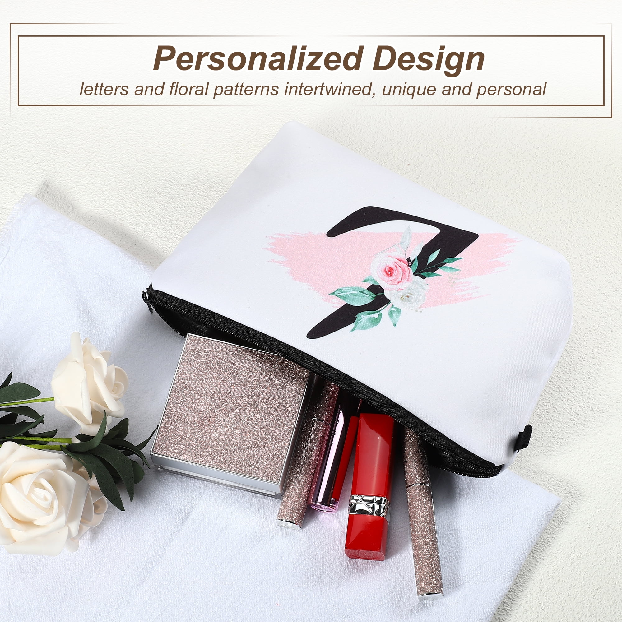 Unique Bargains Personalized Makeup Bag L Letter Purse Small Cosmetic Bag Zipper Monogrammed Makeup Bag Pouch White