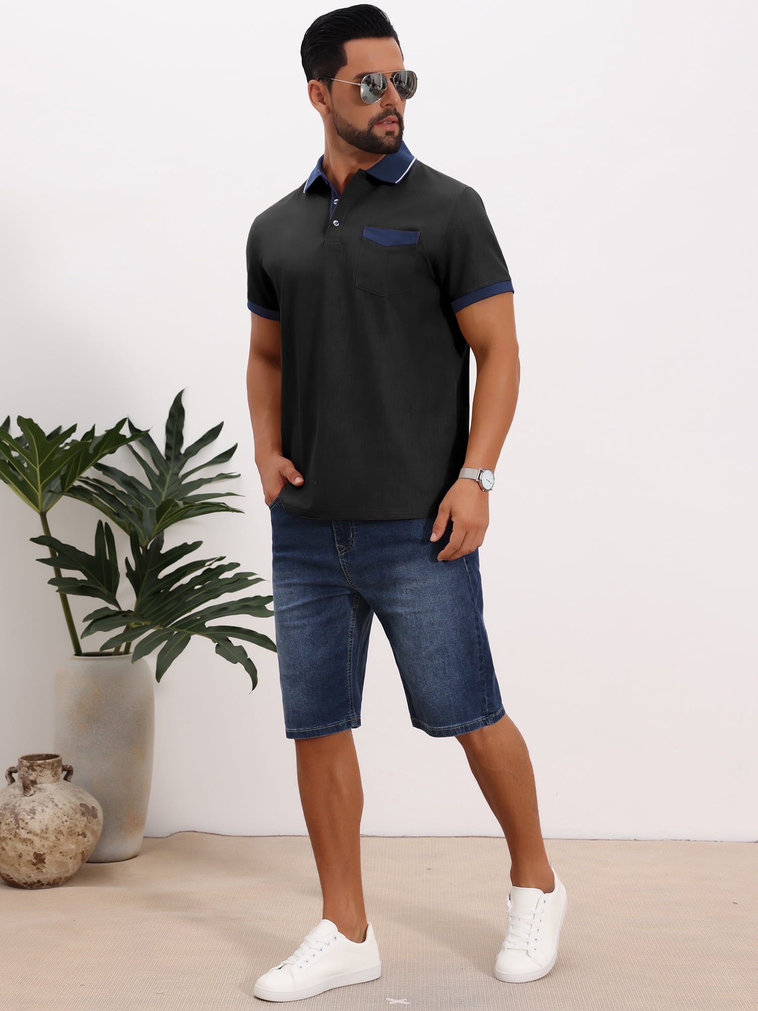 DARING DIVA Men's Short Sleeve Western Retro Stretch Color-Block Polo Shirts L Black