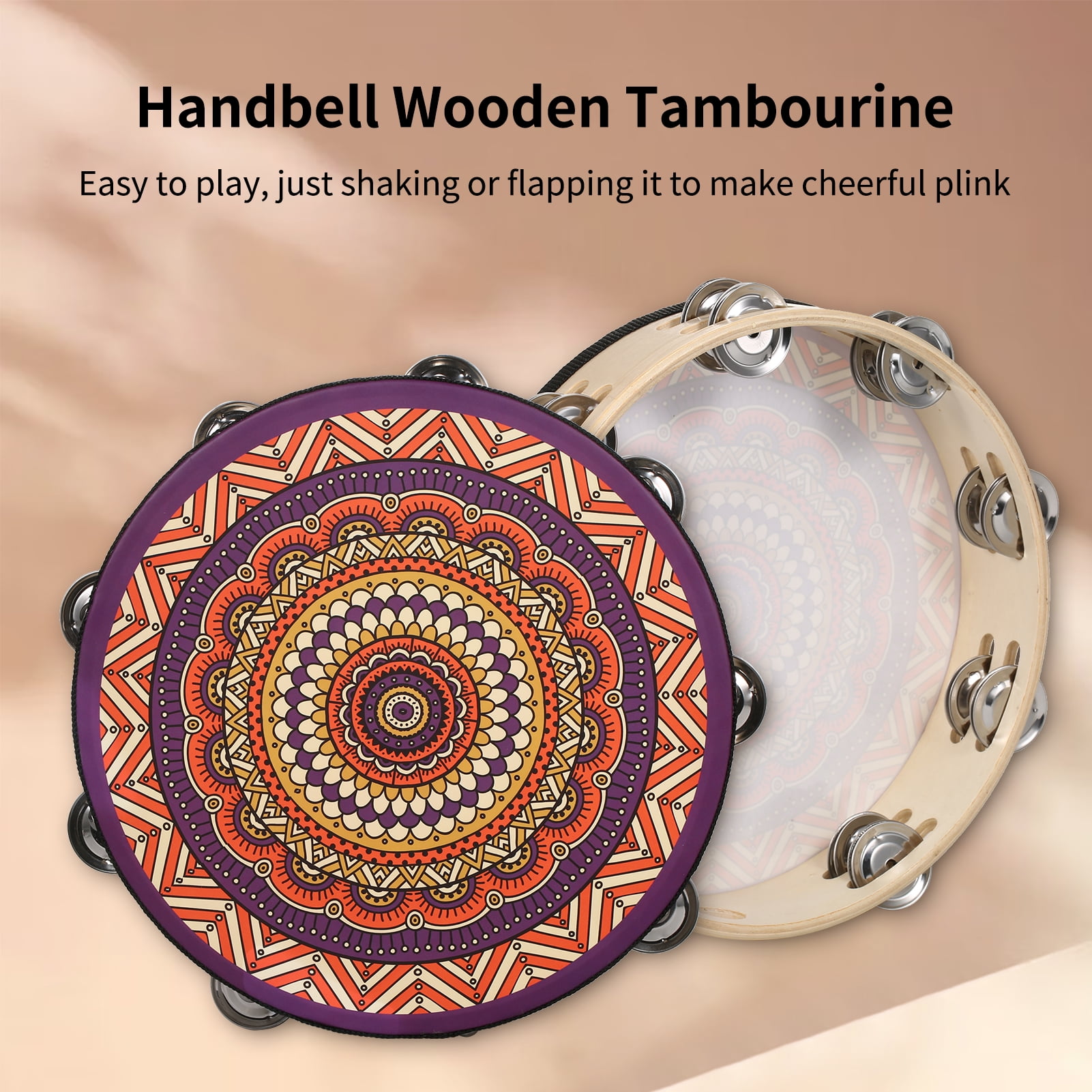 10 Inch Wooden Tambourine Handbell Hand Drum with Double Row 16pcs Metal Cymbals Jingles Musical Percussion Instrument for Kids Games Adults Apply to Church KTV Party