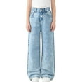 thumbnail image 2 of Lenpel Boys Girls' Jeans Elastic High Waisted Wide Leg Denim Pants Baggy Casual Pants with Pockets for Kids(Blue,8-9 Years), 2 of 6