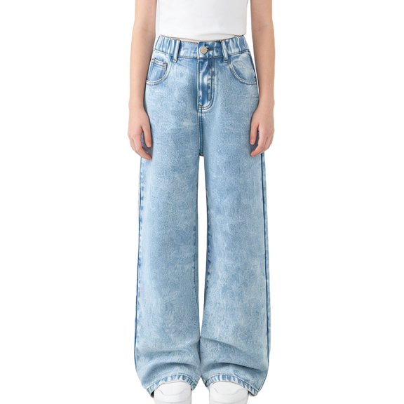 Kids Girls Wide Leg Jeans Elastic Waistband Relaxed Fit Denim Pants Straight Leg Trousers for School Daily Wear, 6Y-13Y