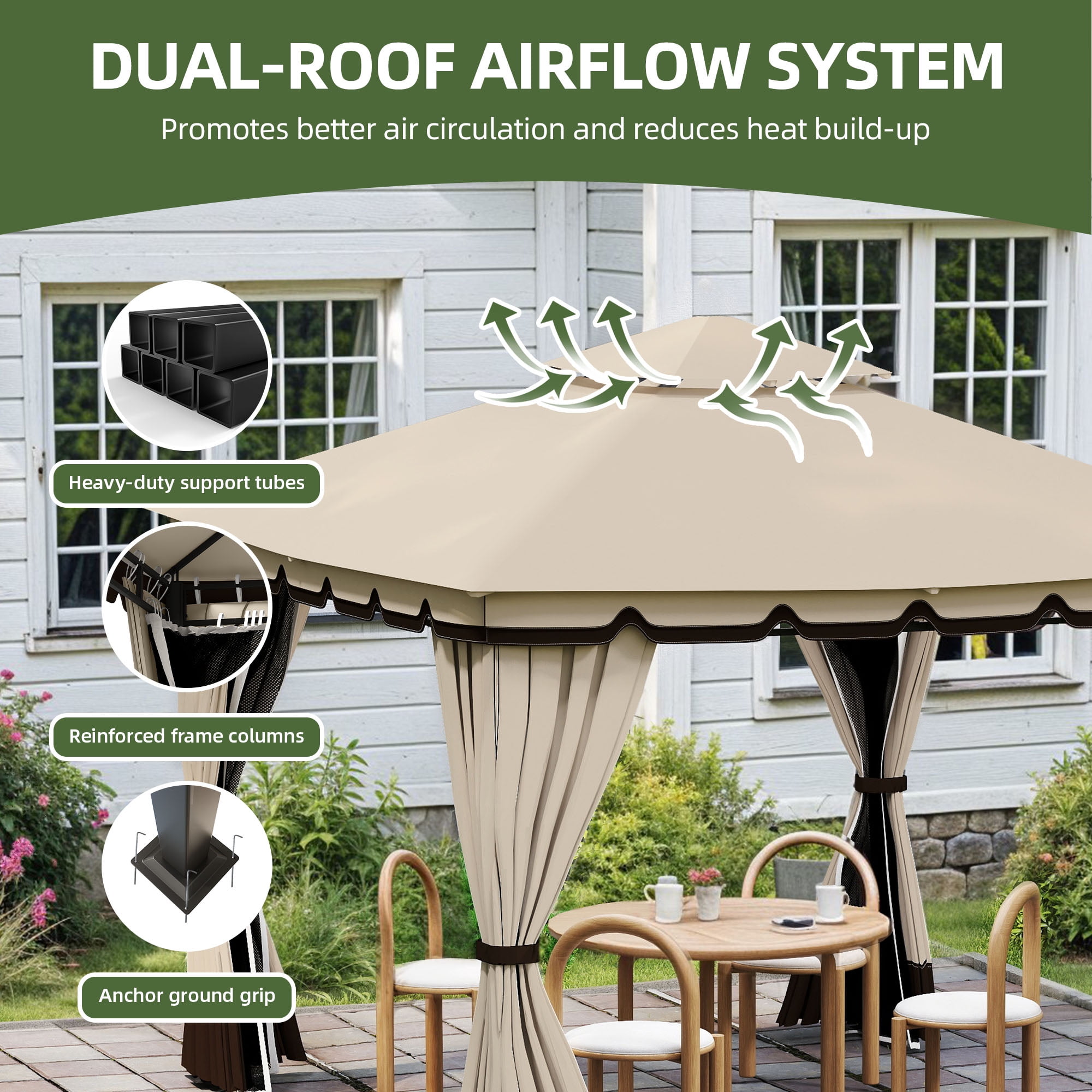 Uforic 10'x12' Outdoor Double Roof Gazebo Patio Tent with Steel Frame