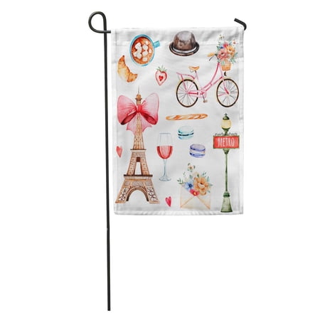 SIDONKU Lovely Summer Collection Eiffel Tower Hat Croissant Coffee Letter Macaroons Garden Flag Decorative Flag House Banner 12x18 inch