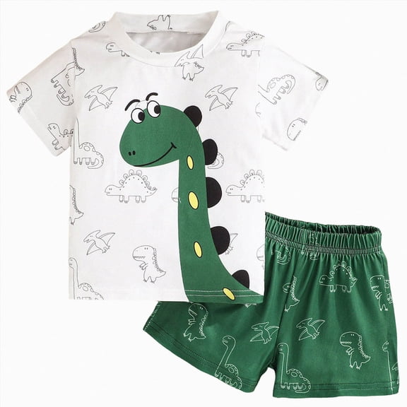 1st Birthday Outfit Boy Toddler Baby Boy Infant Matching Set 2 Piece Outfits Short Sleeve and Pants Cartoon Dinosaur Print Newborn Clothes Kaprioy