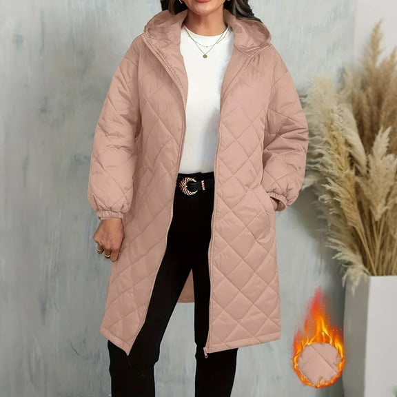 Women Quilted Puffer Jacket Fahion Casual Quilted Full Zip Up Knee Length Hooded Coats Winter Outdoor Thermal Long Sleeve Warm Comfortable Soft Down Coat