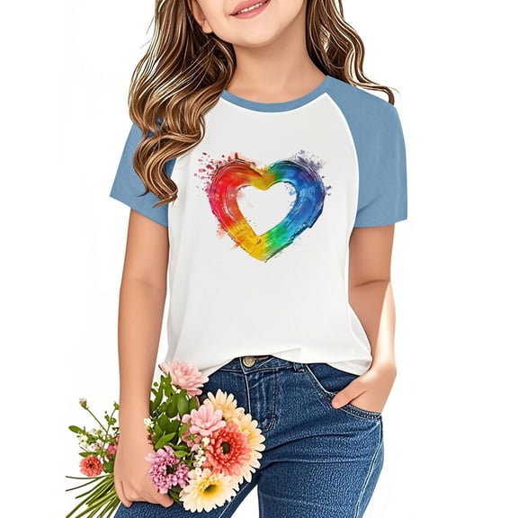Eltusu Girls Short Sleeve Tops, Crew Neck Graphic Pullover Summer Kids T-shirts Light Blue Size 4-5 T