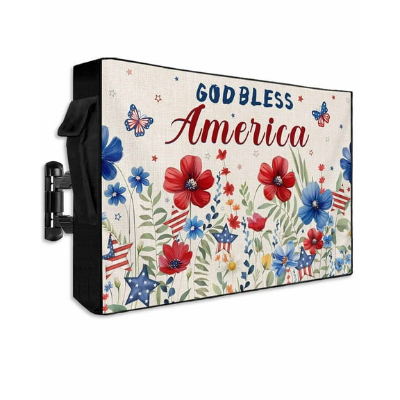 4th of July Outdoor TV Cover 52 to 55 Inch Weatherproof, Independence Day Red Blue Floral Rustic 600D Oxford TV Covers with Waterproof Zipper, Outside Flat TV Screen Protector Size 52"Wx19"Hx4.5"D