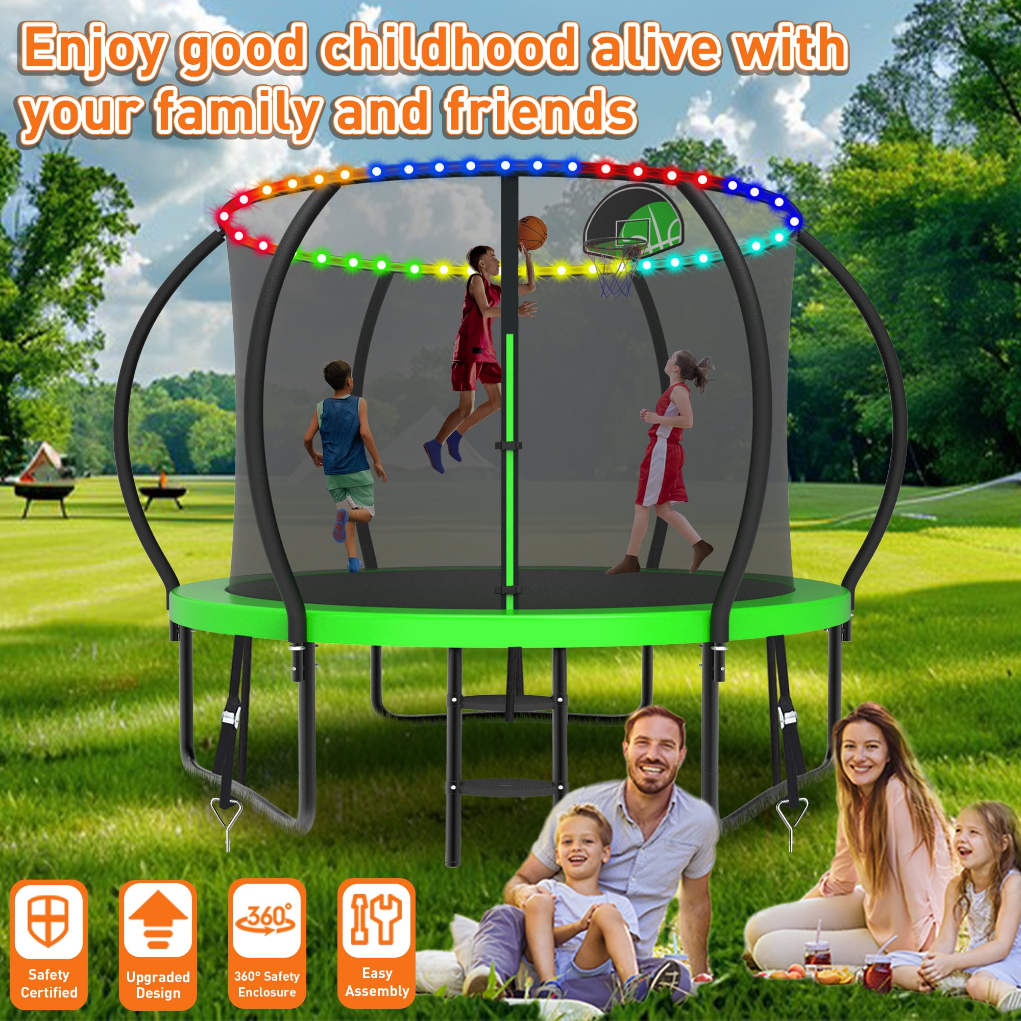 WOWLAND 10FT Trampoline for Kids and Adults 1000LBS Weight Capacity, Heavy Duty Outdoor Trampolines with Enclosure Net, Kids Trampoline with Basketball Hoop and Lights, Birthday Gift