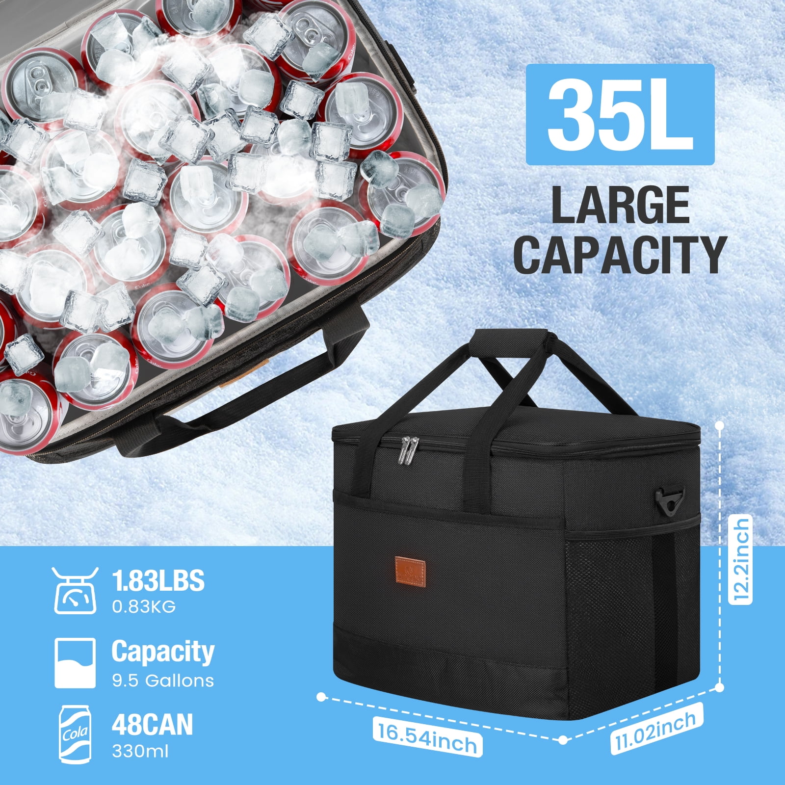Cshidworld Cooler Bag 48 Cans Collapsible Soft Cooler Large Insulated Soft Sided Cooler Bag, 35L Insulated Bag Portable Ice Chest Box for Lunch Drink Beverage Beach Travel Camping Picnic, Black