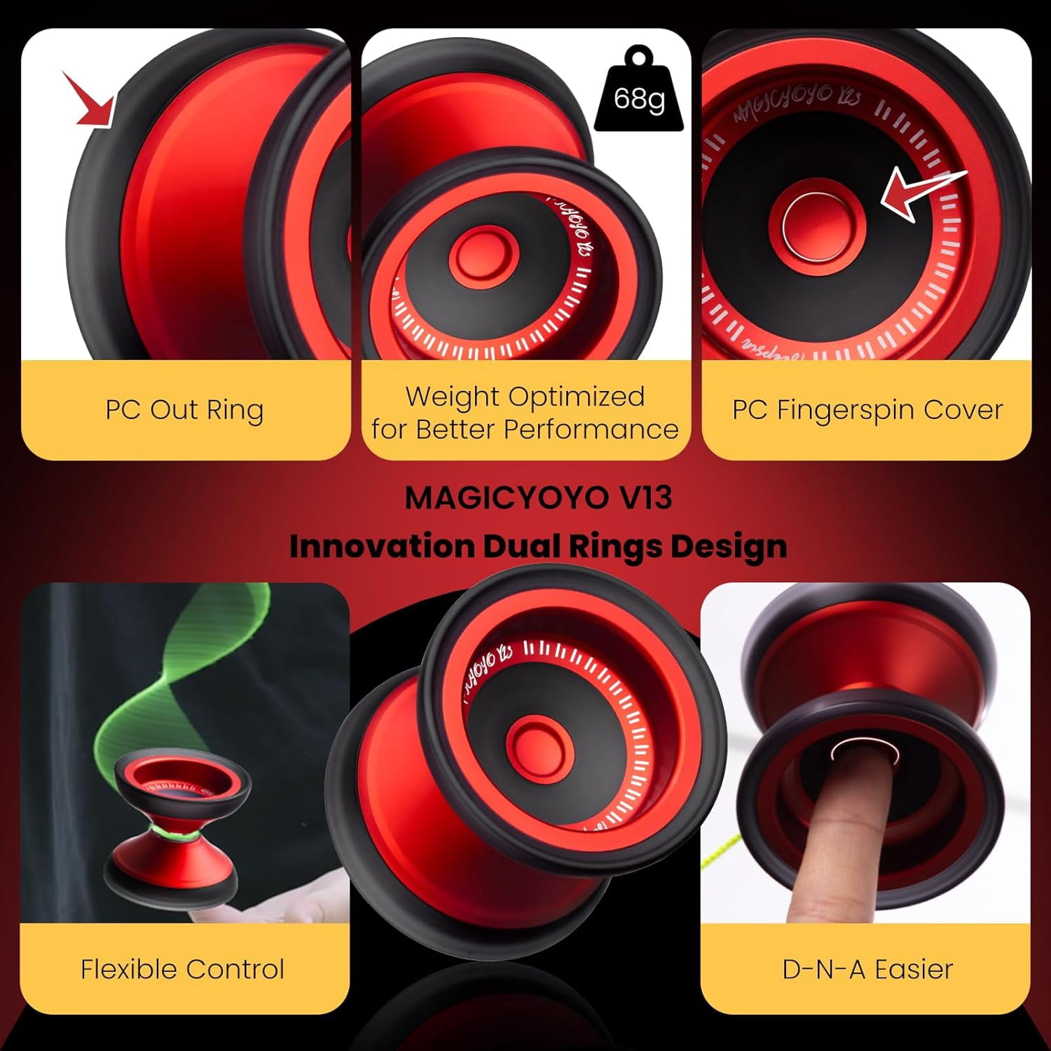 Magicyoyo V13 DEEPSPIN Bi-Material Yoyo for Kids 8-12, Dual Purpose Professional Yoyo for All Skill Levels, Trick Yo yo with 12 Yo-yo Strings, Finger Brace, Bearing Kit (Red+Black Rings)