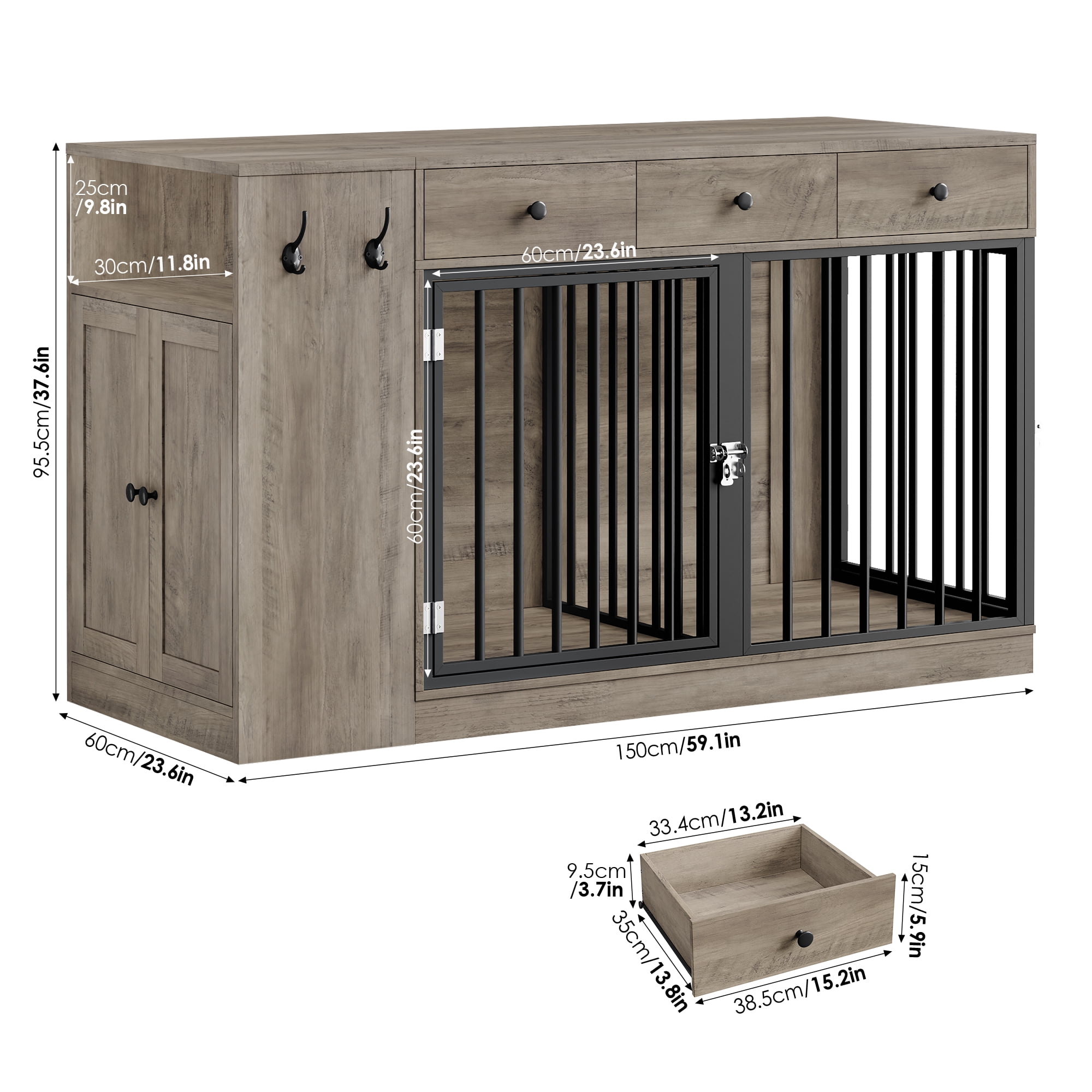 Homfa 59'' Large Double Dog Crate Furniture with 3 Drawers and Side Cabinet & Shelf, Indoor Wooden Dog Kennel with Removable Divider for 2 Medium or Large Dogs, Gray