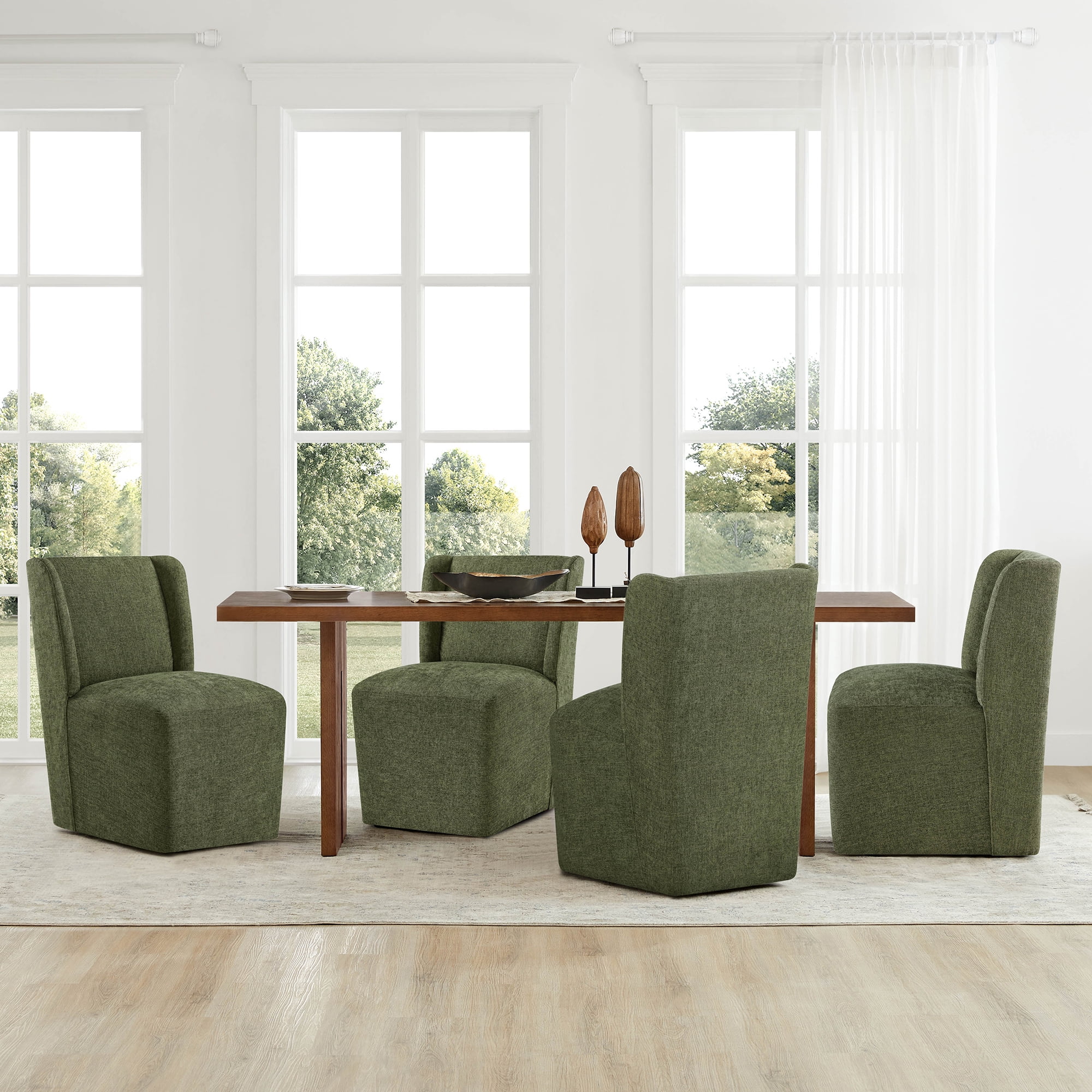 Spruce & Spring Anywhere Upholstered Dining Chair with Hidden Detachable Casters, Stain-Resistant Linen-Look Fabric, Green