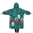 thumbnail image 2 of Oversized Wearable Blanket Hoodie,Dark Teal Christmas Village Pattern Sherpa Blanket Hoodie with Super Pockets,Super Warm Fuzzy Pullover for Women & Men, 2 of 6