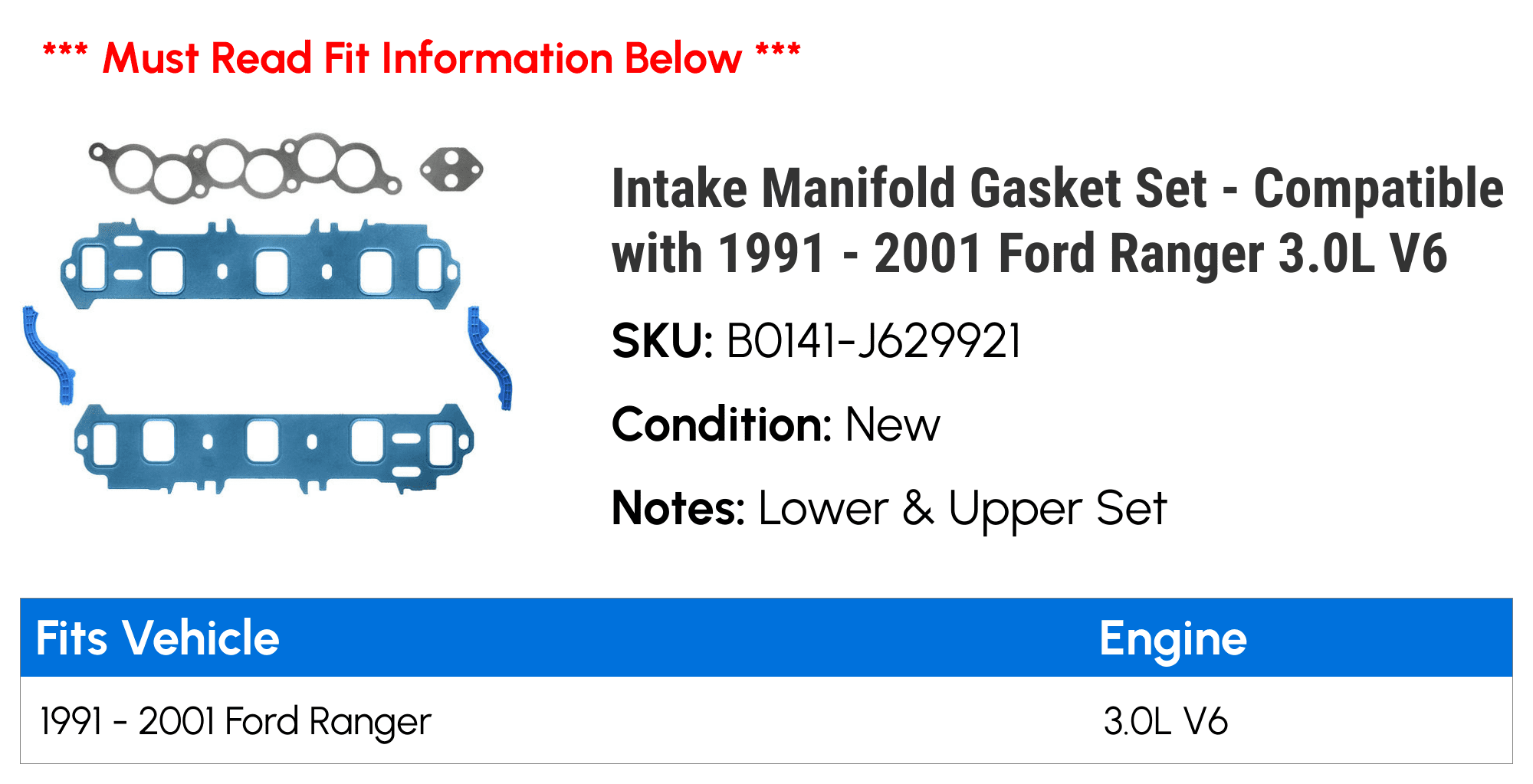 Intake Manifold Gasket Set Compatible with 1991 2001 Ford Ranger 3.0L  V6 1992 1993 1994 1995 1996 1997 1998 1999 2000