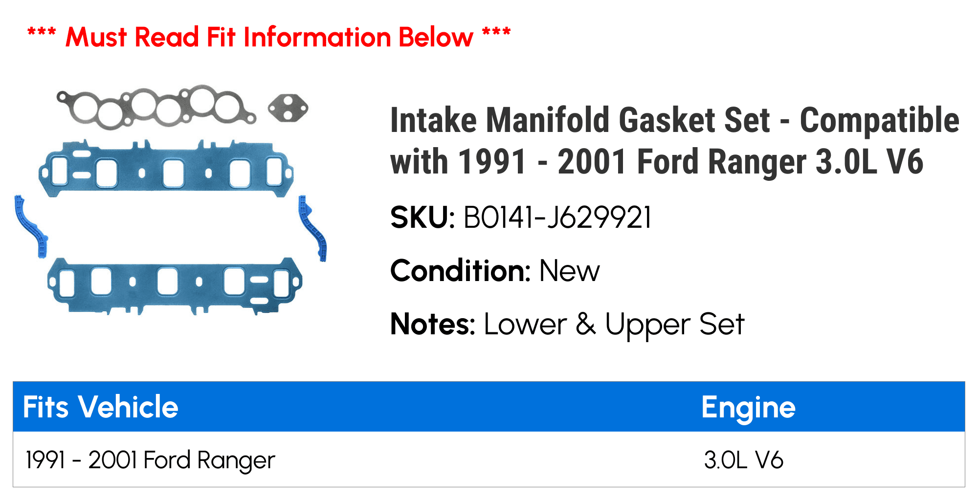 Intake Manifold Gasket Set - Compatible with 1991 - 2001 Ford Ranger 3.0L V6 1992 1993 1994 1995 1996 1997 1998 1999 2000