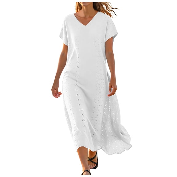 vigerkar Womens Summer Maxi Dresses 2026 Trendy Short Sleeve Eyelet Long Flowy Dress Casual Loose Fit Beach Vacation Sundress (White, S)