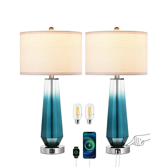 EDISHINE 2 Pack Modern Coastal Table Lamps, Touch Control Table Lamp with USB, Dimmable Lamp, Ocean Blue Glass Base
