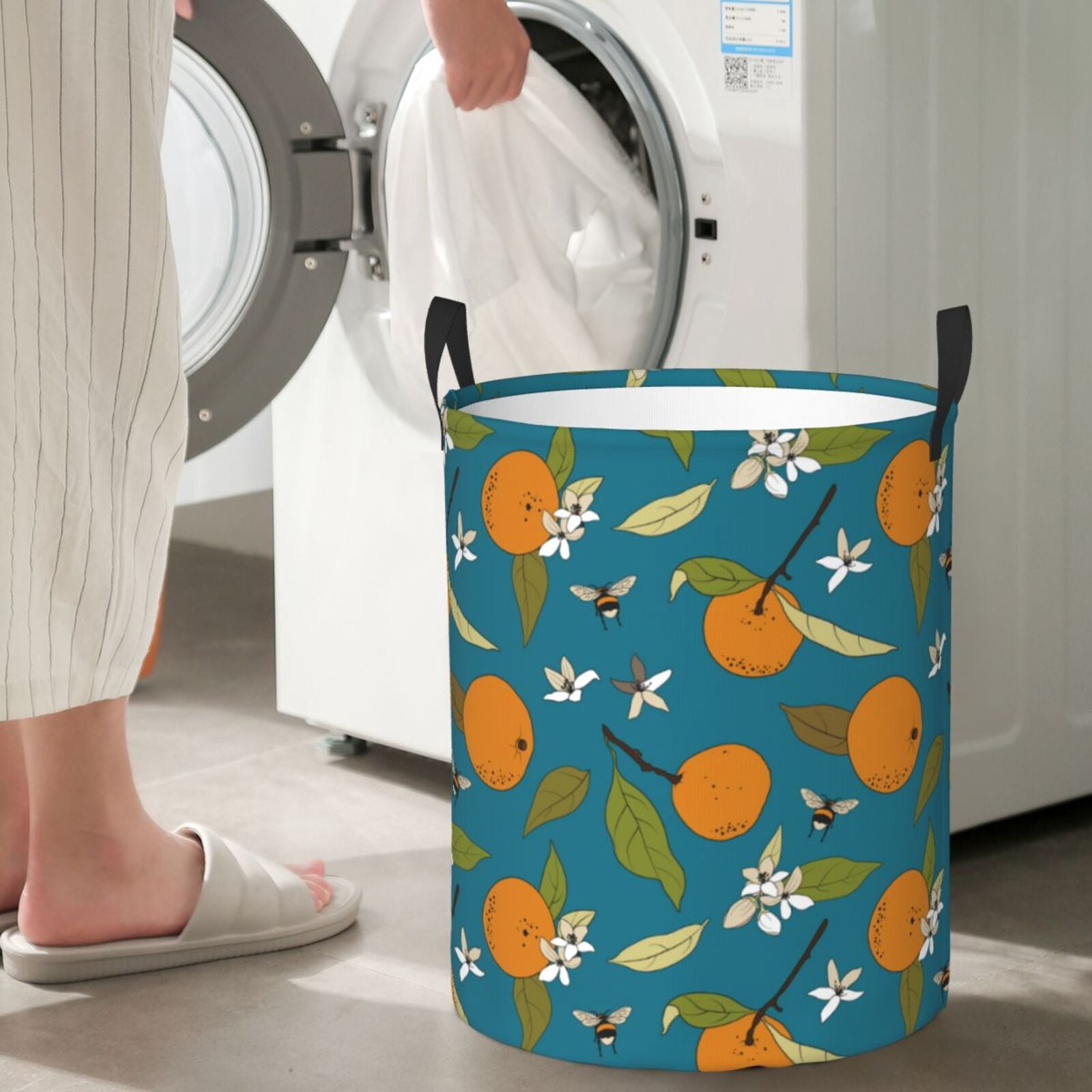 Large Laundry Basket with Handles - Cute Orange Bee Flower Leaves Kids Baby Dirty Clothes Laundry Hamper for Bedroom Aesthetic