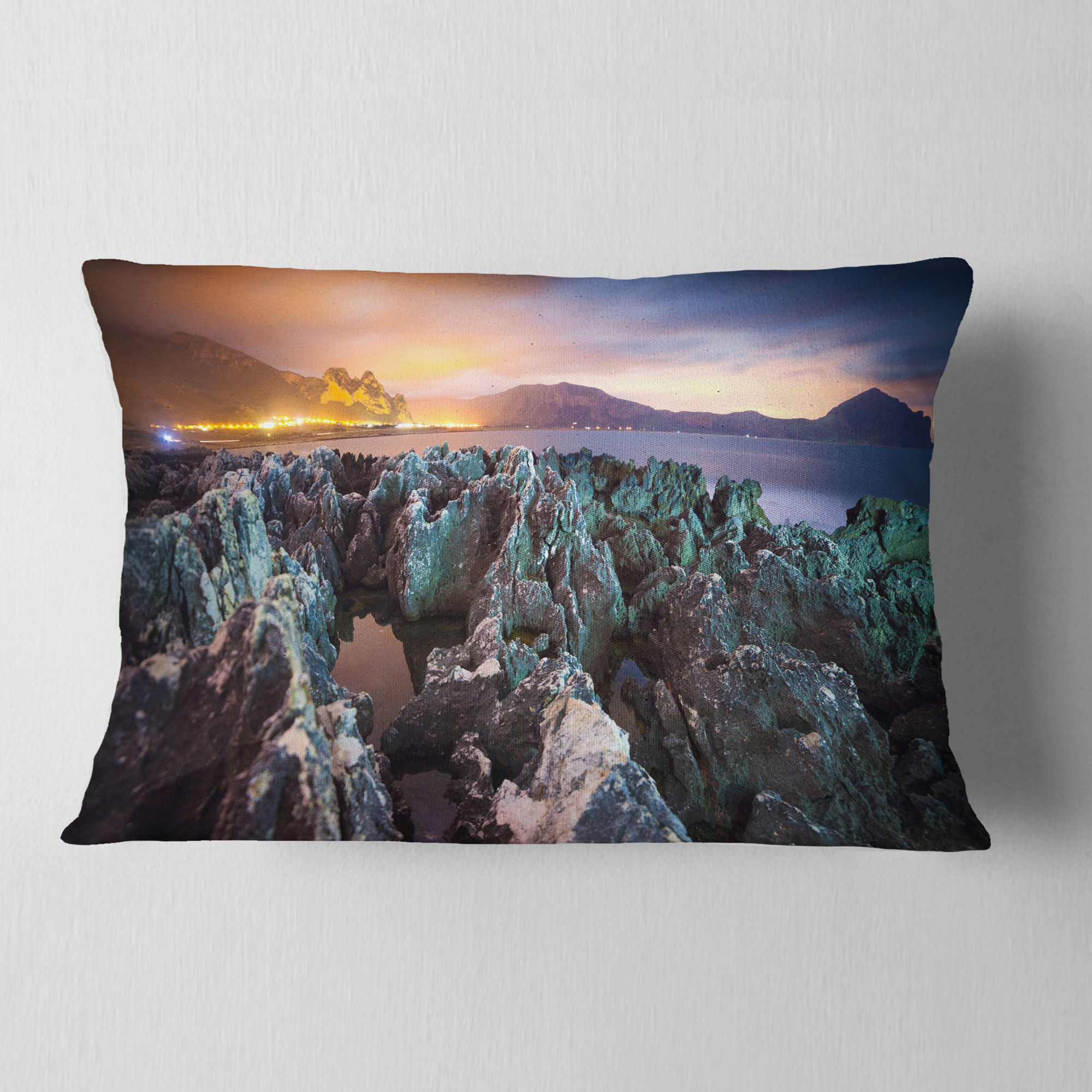 Designart Beautiful Night View of Coast - Landscape Printed Throw Pillow - 12x20