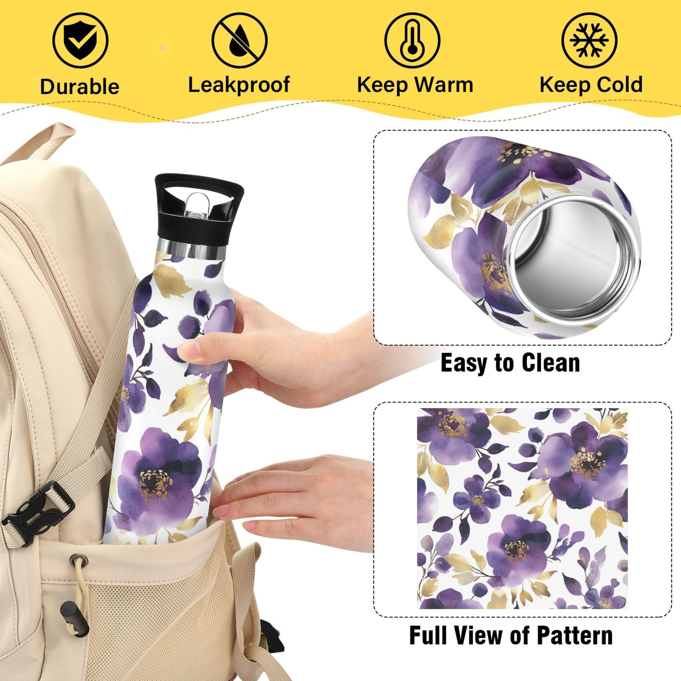 600ML Stainless Steel Insulated Cup Sports Water Bottle Portable Thermos Cup Water Glasses Insulated Tumblers Convenient and Durable Charming Purple Flowers