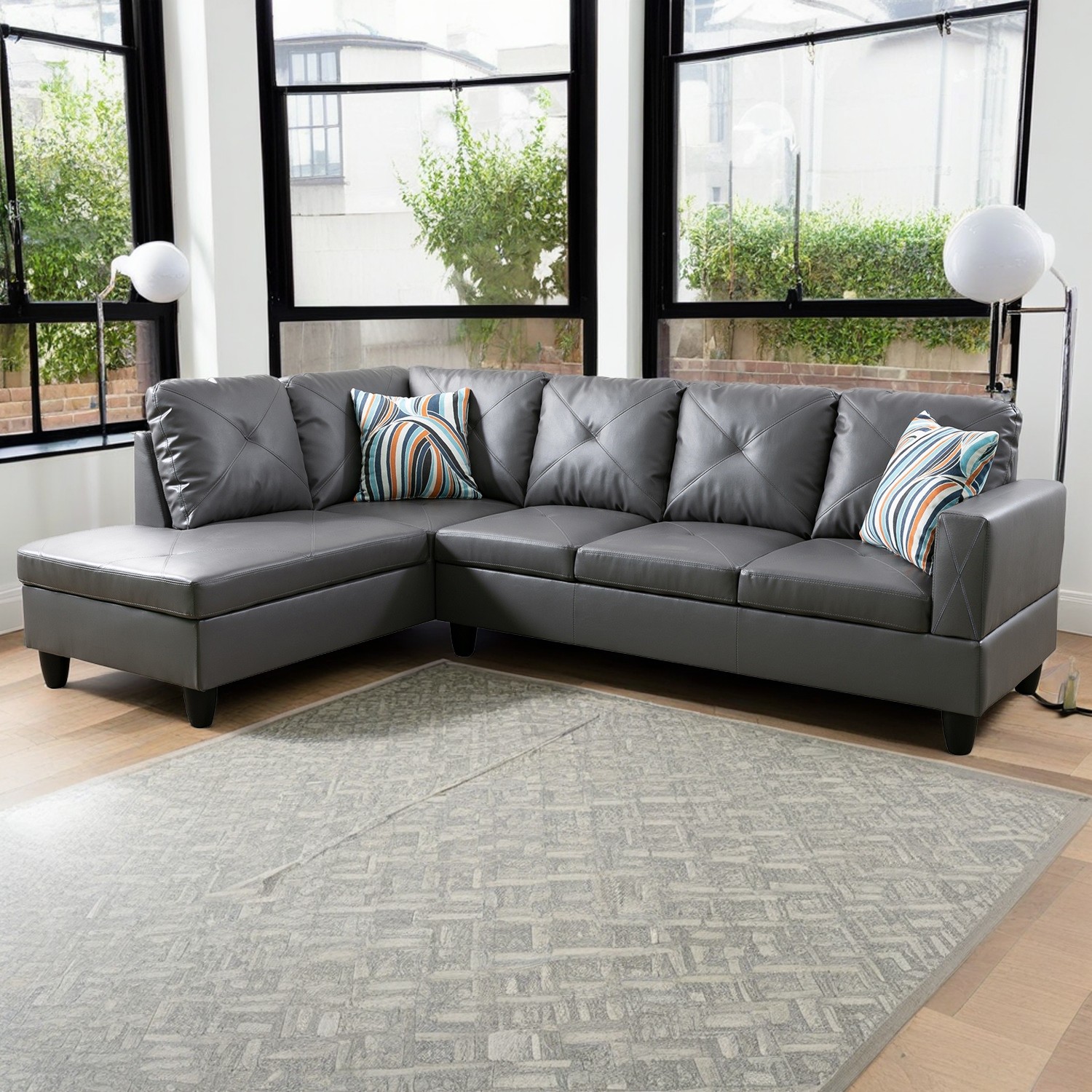 Hommoo L Shaped Sectional Couches and Sofas, 4-Seat Faux Leather Sectional Sofa Sets, Modern Living Room Furniture Sets, 16' Back Height, Dark Grey(No Ottoman)