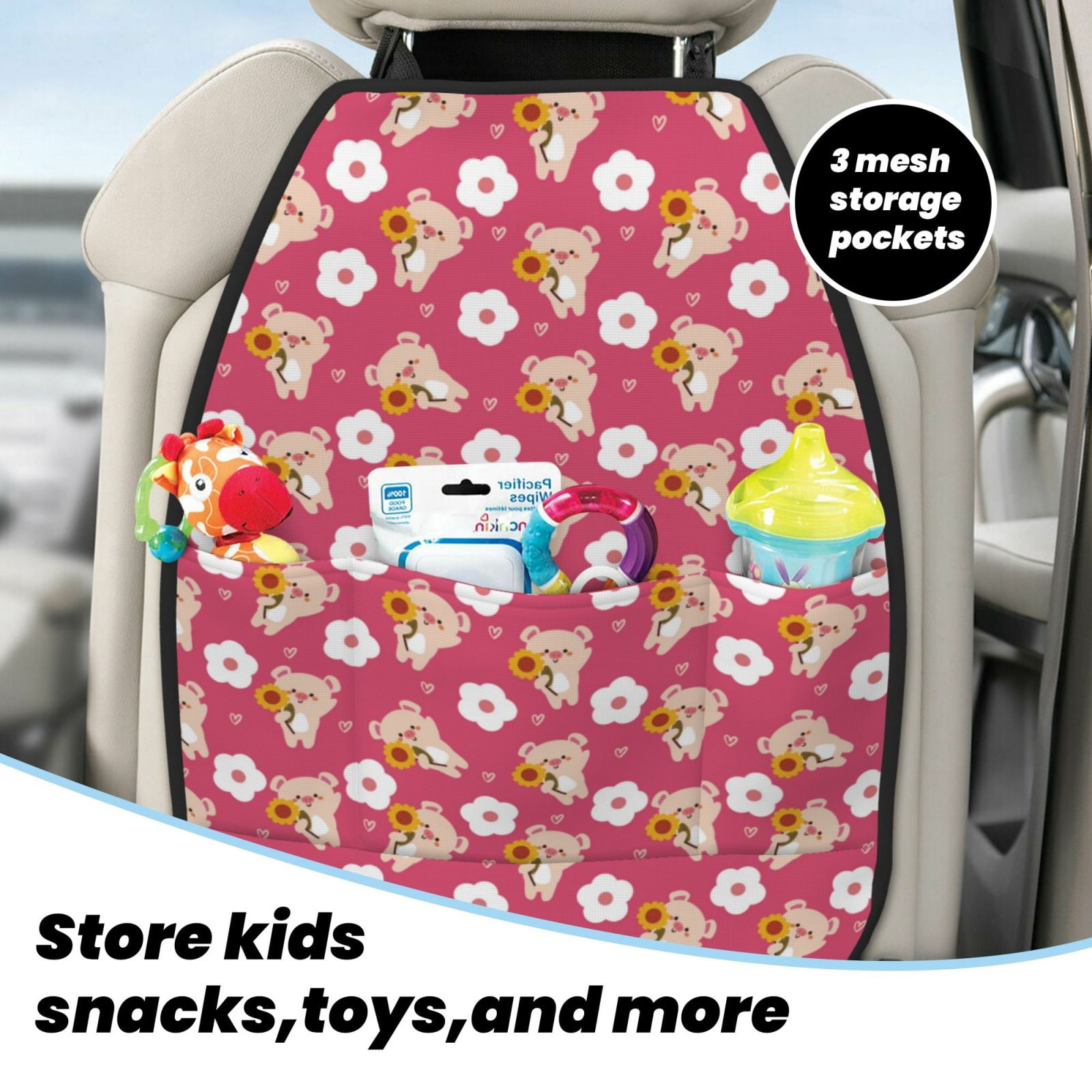 Xecao Piggy Sunflower Pattern Car Seat Back Protector 2 Pack Large Capacity Pocket, Kick Mats Back Seat Protector