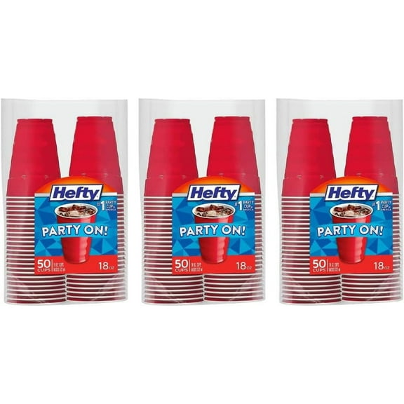 Party On Disposable Plastic Cups, Red, 18 Ounce, 50 Count (Pack of 3), 150 Total