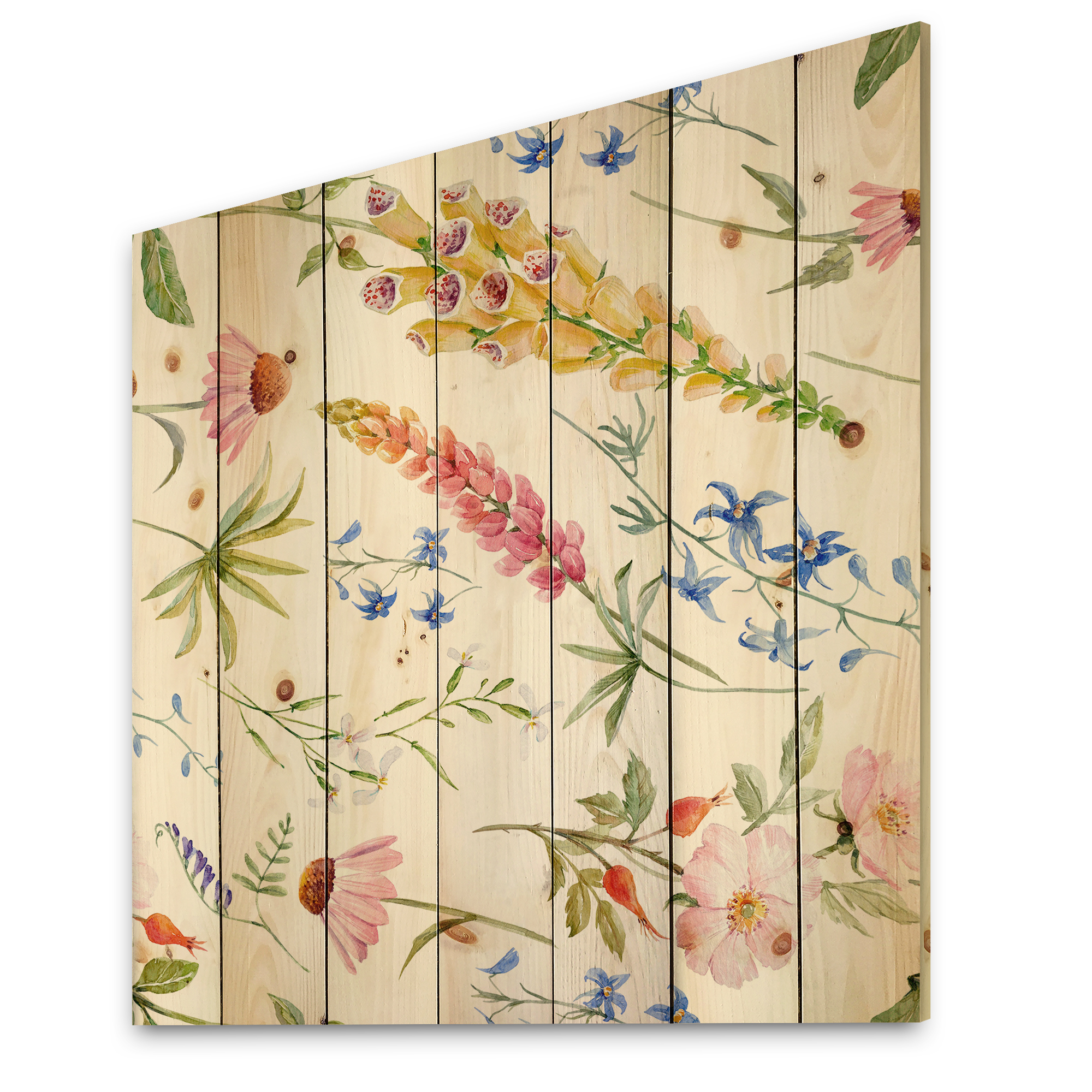 Designart 'Vibrant Summer Wildflowers On White I' Traditional Print on Natural Pine Wood