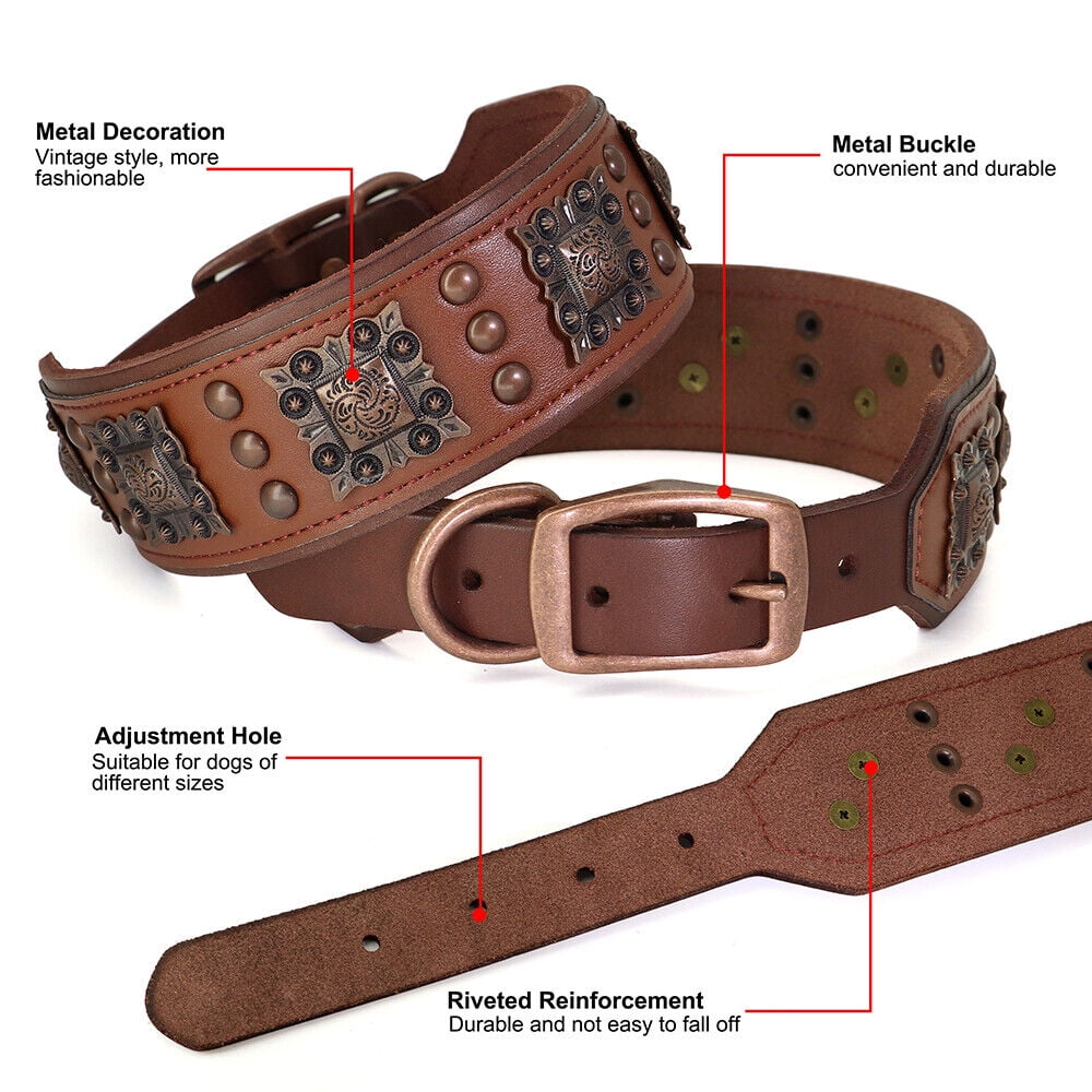 Beirui 2 inch Wide Padded Genuine Leather Dog Collar Strong Heavy Duty Studded Collars Adjustable for Medium Large Dogs German Shepherd
