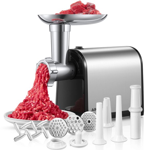Hachoir à Viande Électrique, Farce à Saucisses avec 3 Tubes à Saucisses, 2 Lames, 3 Plaques, 3200W Max, Hachoir à Viande Robuste pour Usage Domestique en Cuisine, Acier Inoxydable