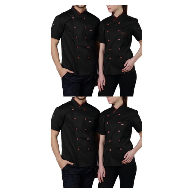 Moyic Cotton Chef Uniform Short Sleeve Shirts Durable Pockets for Coat Chef Sweat Bands with Men Front For Grill Restaurant Negro L 2Conjunto