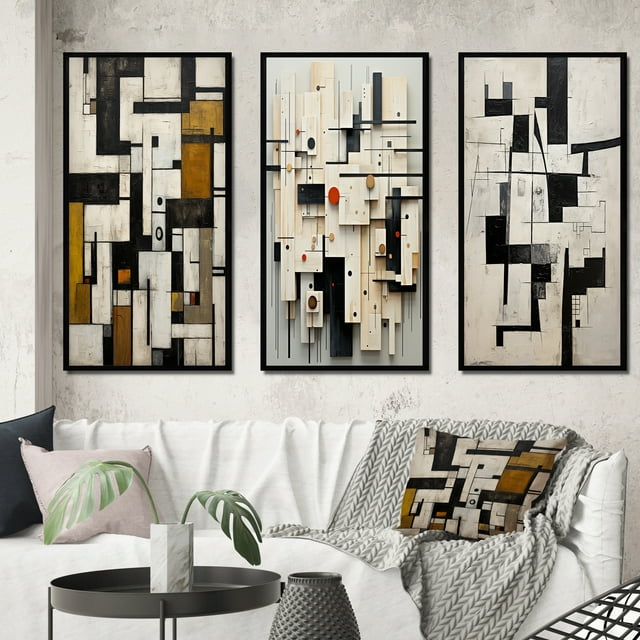 Designart "Urban Groove Garden Abstract Geometrics V" Modern Geometric Framed Wall Art Set Of 3 - Black Abstract Frame Gallery Set For Office Decor