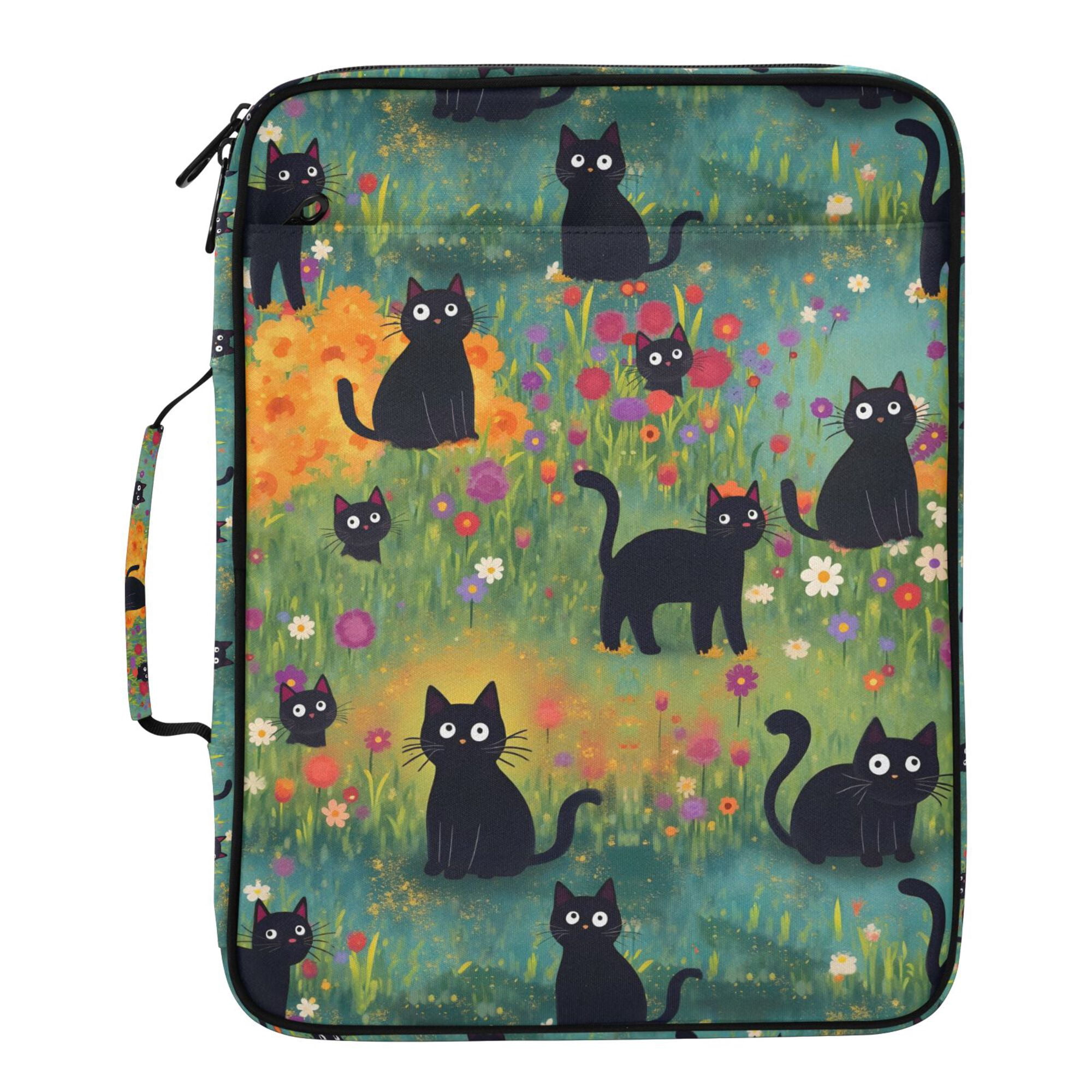 FORMRS Accordion File Folder A4 Size 7-Pocket Expanding Document Organizer Bag with 3 Ring Binder, Floral Black Cats Pattern