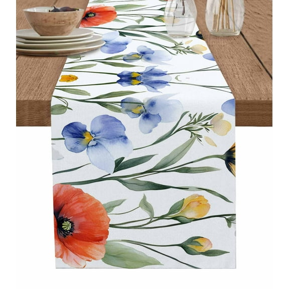Table Runner Dresser Scarf 16 x 72 Inch Spring Floral Blue Yellow Red Poppy Watercolor Flowers Table Runners Non-Slip Heat Kitchen Dining Table Decor for Indoor Outdoor Home Party Decoration