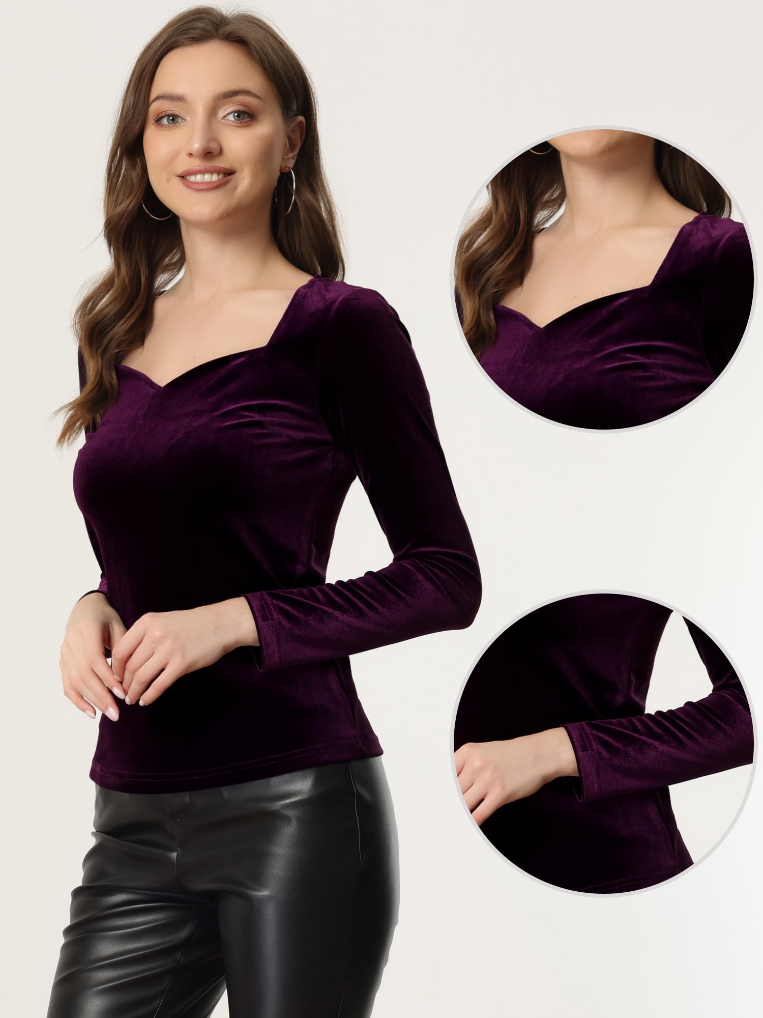 DARING DIVA Women's Velvet Sweetheart Neck Long Sleeves T-Shirt L Purple