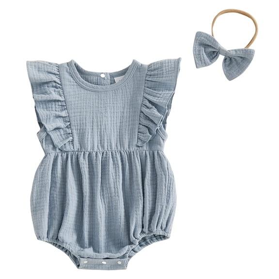 Pandaie 3-18M Newborn Baby Girl Summer Outfit Bow Headhand Smocked Bubble Romper Sleeveless Linen Bodysuit Infant Jumpsuit Clothes Blue 12M(6-12 Months)