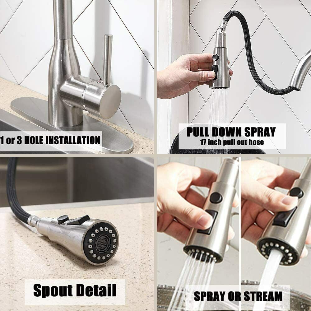 Zovajonia Kitchen Sink Faucet  Pull Down Sprayer with Cover&Soap Dispenser Sink Faucet Brushed Nickel