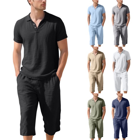 IhhxPro Men's Linen Button Detail Pants with Pockets Relaxed Fit Casual Set Outfit Lightweight Summer Beach Vacation Straight Leg Trousers S-3XL