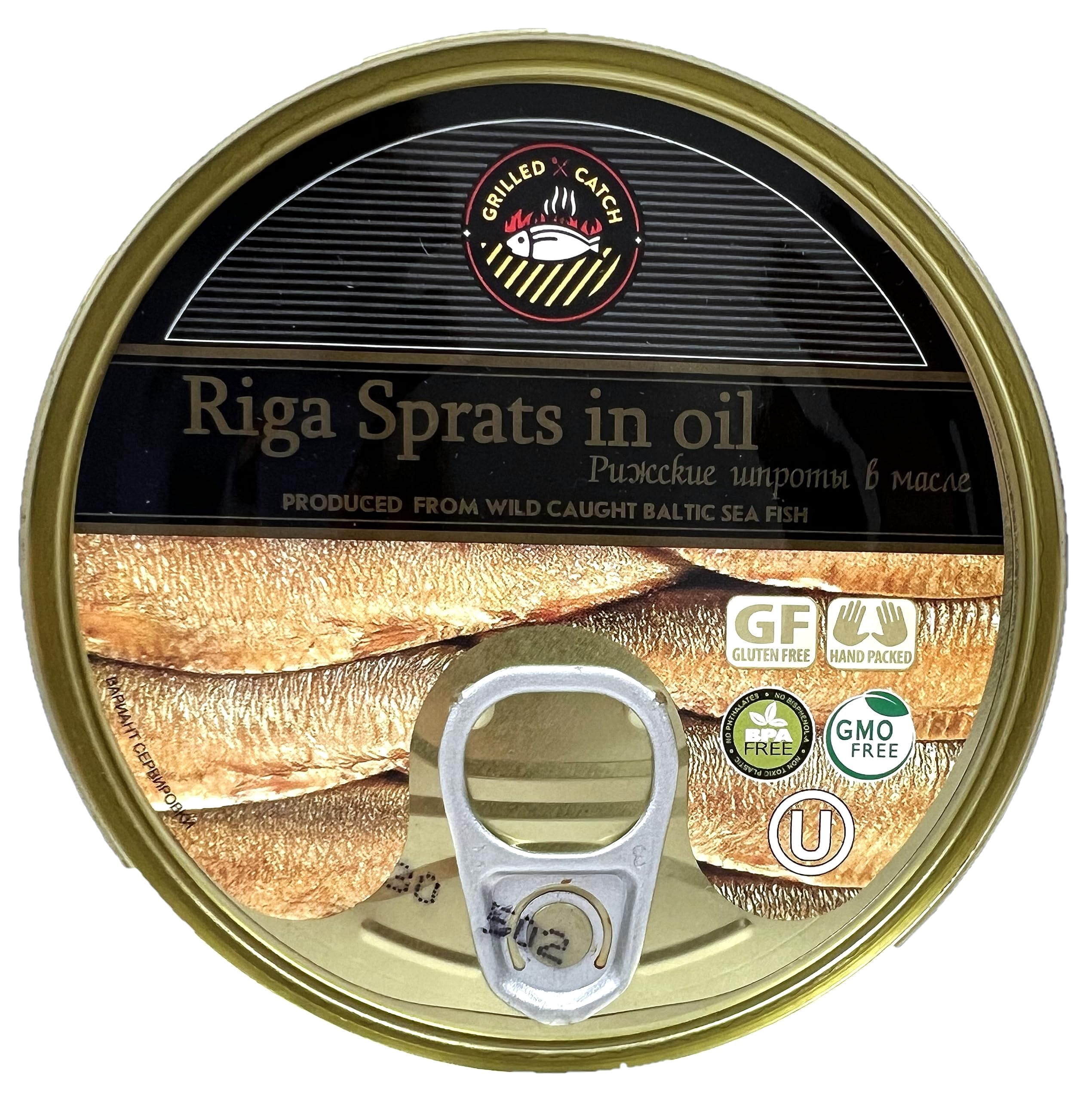 Sprats Riga AF08 Smoked (12 Pack) Gold Star 5.6 Oz Tins in vegetable Oil Latvia