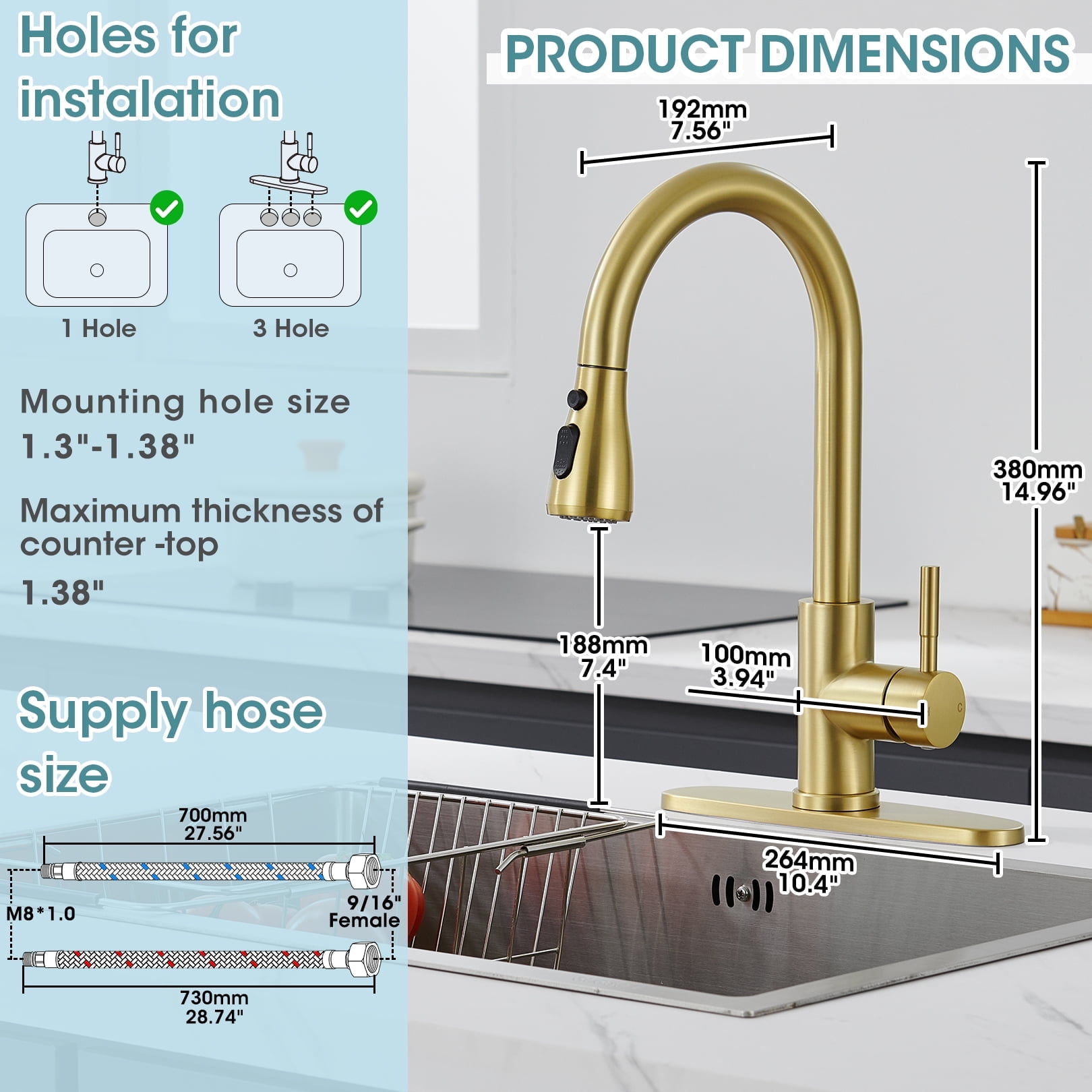 Wowkk Sanitary Ware Kitchen Sink Faucet with Pull Down Sprayer, Single Handle SUS304 Stainless Steel Kitchen Faucets with Deck Plate to Cover 1 or 3 Holes for Bar, Laundry, Brushed Gold