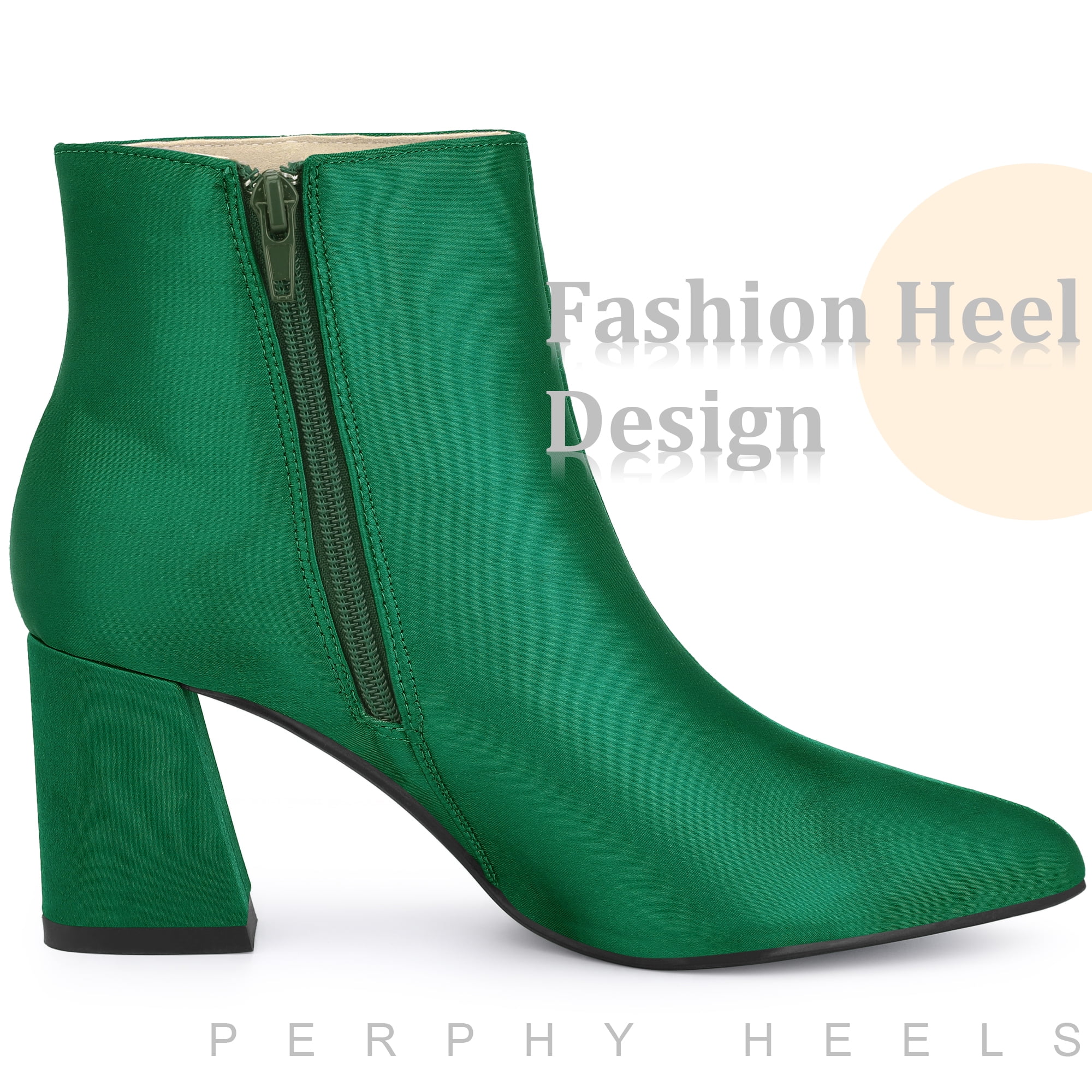 DARING DIVA Stylish Pointed Toe Chunky Heel Satin Ankle Boots Dark Green 8